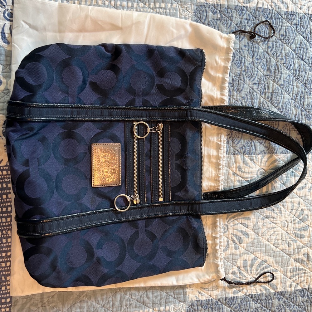 COACH Poppy Op Art Glam Dark Blue and Yellow Tote Bag #13826 Used